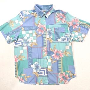 Vtg 80s ALFRED DUNNER Pastel Floral Check Hawaiian | Grandmacore | Size 40 (M)